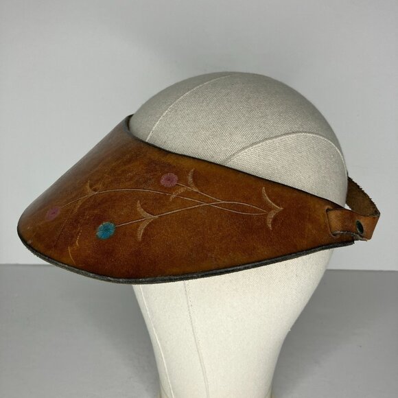 Vintage Leather Visor Tooled Floral Hippie Boho Natural Earthy Artsy - Picture 1 of 10